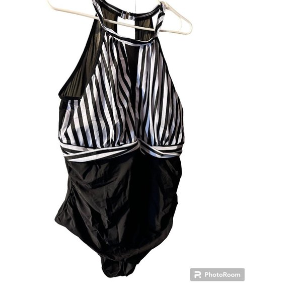 NWT SZ 22W Tempt Me Women One Piece Swimsuit STRIPE Plunge Mesh Ruched - Picture 2 of 9